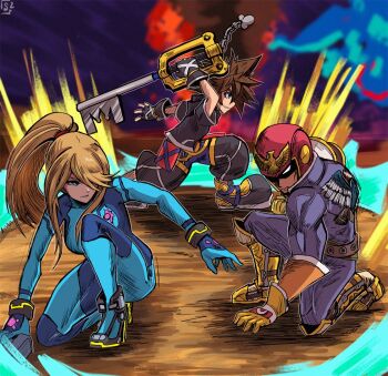 1girl 2boys blonde_hair blue_eyes breasts brown_hair captain_falcon f-zero gloves gun hair_over_one_eye helmet keyblade charm_(object) kingdom_hearts metroid multiple_boys nintendo ponytail samus_aran sora_(kingdom_hearts) square_enix super_smash_bros. weapon zero_suit