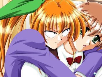 1girl bow brown_hair character_request green_eyes hug hug_from_behind long_hair orange_hair ponytail short_hair smile tottemo_pheromone twintails