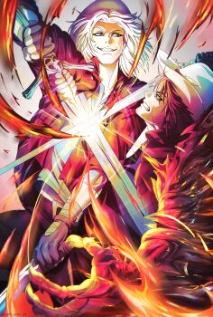 2boys absurdres asymmetrical_dual_wielding battle beard beard_stubble black_cape black_gloves black_hair blue_eyes cape chinstrap_beard clive_rosfield coat commission dante_(devil_may_cry) death_battle devil_may_cry_(series) devil_may_cry_5 dual_wielding ebony_&amp;_ivory facial_hair facial_scar final_fantasy final_fantasy_xvi fingerless_gloves gloves gun hat highres holding holding_gun holding_weapon jacket leather leather_vest male_focus multiple_boys mustache_stubble rebellion_(sword) red_coat scar scar_on_cheek scar_on_face short_hair smile snafu_ecchi_art stubble sword vest weapon white_hair white_hat