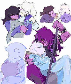 2girls ^_^ armlet blood blood_from_forehead blood_on_face blue_robe blush bracelet closed_eyes colored_skin deltarune furry furry_female goat_girl goat_horns highres horns hug jewelry leseduo looking_at_viewer lying lying_on_lap multiple_girls multiple_views on_back pink_skin purple_hair robe simple_background spiked_armlet spiked_bracelet spikes susie_(dark_world)_(deltarune) susie_(deltarune) toriel toriel_(dark_world) utdr_(toby_fox) white_background white_skin