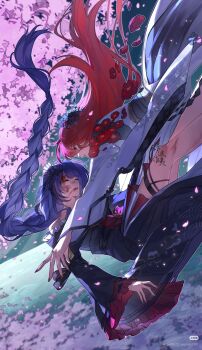 2girls absurdres alternate_costume alternate_universe bad_source blood blood_on_face blood_on_leg blood_on_shoulder blunt_bangs braid closed_eyes commission couple falling falling_petals floating floating_hair flower frilled_kimono frilled_sleeves frills from_side genshin_impact gradient_hair green_background grey_kimono hair_between_eyes hair_floating_upwards hair_flowing_over hair_ornament highres incoming_hug japanese_clothes kimono long_braid long_hair long_sleeves looking_down multicolored_hair multiple_girls oc_x_canon off_shoulder open_mouth original outdoors parted_lips petals pink_petals purple_hair purple_kimono purple_sash raiden_shogun red_eyes red_hair sash single_braid thighs watermark wide_sleeves xiaohongshu_watermark yilinglaozu121 yuri