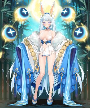 1girl :< animal_ears anklet bamboo bamboo_forest bare_shoulders bead_anklet beads blue_choker blue_eyes blue_hair blue_kimono blue_sandals blush bow breasts center_opening choker collarbone crescent_choker dress energy evertale forest full_body full_moon fur-trimmed_kimono fur_trim gluteal_fold hair_ornament japanese_clothes jewelry kaguya_(evertale) kimono large_breasts legs light_particles long_hair long_sleeves looking_at_viewer moon nature navel night official_art okobo open_clothes open_kimono orb pendant_choker pink_pupils platform_clogs platform_sandals pom_pom_(clothes) pom_pom_hair_ornament popqn prayer_beads rabbit_ears rabbit_girl revealing_clothes ribbon-trimmed_dress ribbon_trim sandals shiny_skin short_dress sky sleeves_past_wrists solo standing tassel two-tone_kimono very_long_hair waist_bow white_dress white_hair white_kimono wide_sleeves