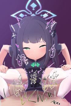 1boy 1girl animal_ears black_dress black_hair blue_archive breasts china_dress chinese_clothes clothed_female_nude_male clothed_sex covered_erect_nipples covered_penetration cowgirl_position dress drooling erogomatinpo green_eyes hair_ornament hairclip halo hands_on_own_legs heart heart-shaped_pupils hetero highres implied_sex leaning_forward loli looking_at_viewer medium_hair narrowed_eyes nude pelvic_curtain pov saliva sex short_sleeves shun_(blue_archive) shun_(small)_(blue_archive) small_breasts smile solo_focus speech_bubble spoken_heart straddling symbol-shaped_pupils thighhighs two_side_up white_thighhighs