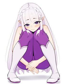 Rule 34 | 1girl, absurdres, ankle boots, ass, babywipes, black boots, blunt bangs, blush, bodysuit, boots, braid, cameltoe, commentary, covering crotch, covering privates, crown braid, elf, emilia (re:zero), full body, hair ornament, head on own knee, highres, knees together feet apart, long hair, looking at viewer, official alternate costume, pointy ears, pout, purple bodysuit, purple eyes, re:zero kara hajimeru isekai seikatsu, simple background, sleeveless, sleeveless bodysuit, solo, squatting, very long hair, wavy mouth, white background, white hair, x hair ornament