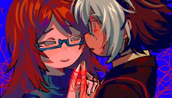 1boy 1girl @_@ adventure_time adventure_time:_fionna_and_cake betty_grof blue_background brown_hair brown_suit commentary english_commentary formal_clothes glasses green_sweater grey_hair highres holding_hands interlocked_fingers long_hair open_mouth red_hair simon_petrikov simple_background string string_of_fate suit sweater tsujii_luki