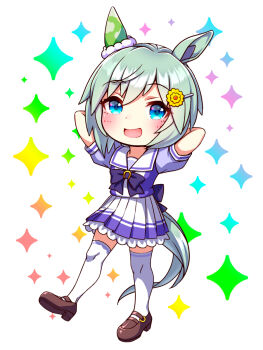 1girl animal_ears arms_behind_head blue_eyes blush bow bowtie breasts chibi chibi_only commentary_request ear_covers flower full_body grey_hair hair_between_eyes hair_flower hair_ornament hairclip highres horse_ears horse_girl horse_tail looking_at_viewer open_mouth pleated_skirt puffy_short_sleeves puffy_sleeves purple_bow purple_bowtie purple_shirt sailor_collar sailor_shirt school_uniform seiun_sky_(umamusume) shirt shoes short_hair short_sleeves single_ear_cover skirt smile solo standing standing_on_one_leg sugimotty_nova sunflower sunflower_hair_ornament tail thighhighs tracen_school_uniform umamusume white_sailor_collar white_skirt white_thighhighs zettai_ryouiki