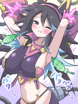 1girl 5gvqoskfdt18795 armpits arms_up black_hair blush breasts half-closed_eye half-closed_eyes headgear highres huge_breasts micro_panties nyanko_daisensou panties raised_inner_eyebrows sideboob simple_background solo tearing_up thighs thundia_(nyanko_daisensou) underwear