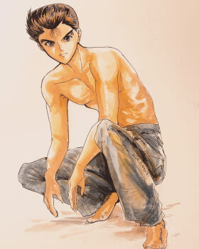 1boy barefoot feet hiei4455 male_focus pants photo_(medium) serious simple_background squatting topless_male traditional_media urameshi_yuusuke yuu_yuu_hakusho