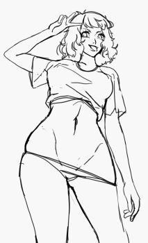 1girl bikini bikini_bottom_only cleft_of_venus crop_top kawakami_sadayo medium_hair midriff navel persona persona_5 sketch solo sunbeam_(artist) swimsuit tongue tongue_out victory_pose