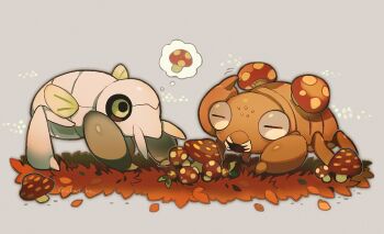 =_= akadako animal_focus artist_name bags_under_eyes black_sclera bug closed_eyes colored_sclera full_body gen_1_pokemon gen_3_pokemon grass green_eyes grey_background grey_outline looking_at_another nincada nintendo no_humans open_mouth outline paras pokemon pokemon_(creature) sharp_teeth signature speech_bubble spoken_mushroom teeth thought_bubble twitter_username