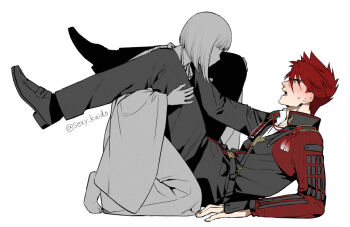 2boys arm_support armor artist_name belt black_belt black_jacket black_pants black_shoes blunt_bangs blunt_ends blush bob_cut boy_on_top couple ear_blush embarrassed eye_contact eyes_visible_through_hair faceless faceless_male formal_clothes from_side full_body grey_eyes hair_over_one_eye hakama hakama_pants hand_on_another's_knee hand_on_another's_shoulder hand_on_another's_thigh hands_on_another's_legs height_difference highres jacket japanese_armor japanese_clothes kimono kneeling kote leaning_back leg_grab legs_up long_sleeves looking_at_another looking_down looking_up lying male_focus male_saniwa_(touken_ranbu) military military_uniform multiple_boys no_shoes on_back ookanehira_(touken_ranbu) open_mouth pants partially_colored pauldrons photoshop_(medium) red_hair red_tassel saniwa_(touken_ranbu) sexy_kaido shirt shoes short_hair shoulder_armor sideburns simple_background sitting size_difference smaller_dominant socks sode spiked_hair sweat sweatdrop tabi tassel tongue touken_ranbu twitter_username undershirt white_background white_shirt white_undershirt wide_sleeves yaoi
