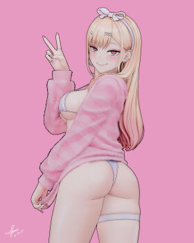 1girl 3d absurdres ass barbell_piercing bikini blender_(medium) blonde_hair bow_hairband breasts closed_mouth ear_piercing earrings fake_nails from_behind gradient_hair gyaru hair_ornament hairband hairclip hand_up highres hoop_earrings jewelry kitagawa_marin kleymir long_hair looking_back medium_breasts multicolored_hair multiple_rings piercing pink_background pink_eyes pink_hair pink_nails pink_sweater ring simple_background smile solo sono_bisque_doll_wa_koi_wo_suru strap_gap sweater swimsuit thigh_strap thighs white_bikini white_hairband