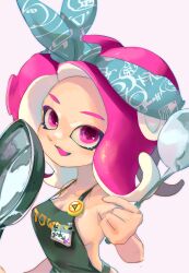Rule 34 | 1girl, :d, apron, bandana, black apron, blue bandana, breasts, cleavage, frying pan, highres, holding, holding ladle, koike3582, ladle, long hair, medium breasts, naked apron, nintendo, octoling, octoling girl, octoling player character, open mouth, pink eyes, pink hair, sideboob, simple background, smile, solo, splatoon (series), suction cups, tentacle hair, white background