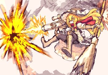 Rule 34 | 1girl, adapted weapon, apron, back bow, black gloves, black skirt, black vest, blonde hair, boots, bow, braid, broom, brown pantyhose, commentary, explosion, fingerless gloves, firing, gloves, goggles, gun, hair bow, hat, hat bow, highres, holding, holding weapon, kirisame marisa, korean commentary, long hair, mini-hakkero, one eye closed, orb, pantyhose, rampa93, red scarf, rocket launcher, scarf, scope, side braid, single braid, skirt, solo, touhou, very long hair, vest, waist apron, weapon, white apron, white boots, white bow, witch hat, yellow eyes, yin yang, yin yang orb