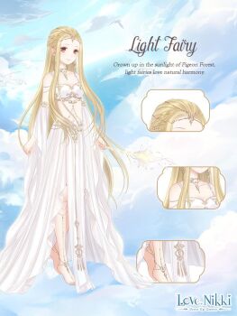 1girl artist_request bare_shoulders barefoot_sandals_(jewelry) beads bird blonde_hair blue_sky brown_eyes character_name circlet close-up closed_mouth cloud copyright_logo crop_top day detached_sleeves dot_nose earrings elf english_text eyelashes feet forehead full_body hair_beads hair_ornament happy holding holding_staff jewelry light_blush light_fairy_(miracle_nikki) logo long_hair long_sidelocks long_skirt long_sleeves looking_at_viewer midriff miracle_nikki navel nikki_(series) ocean official_art outdoors pleated_skirt pleated_sleeves pointy_ears shirt sidelocks simple_bird skirt skirt_set sky sleeveless sleeveless_shirt sleeves_past_wrists smile solo staff standing tareme third-party_source toes very_long_hair white_bird white_shirt white_skirt white_sleeves wide_sleeves