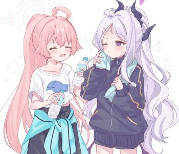 2girls ahoge blue_archive bottle breasts commentary_request demon_girl demon_horns demon_wings gym_uniform halo hina_(blue_archive) holding holding_bottle horns hoshino_(blue_archive) long_hair low_wings multiple_girls nifuji open_mouth pink_hair pink_halo purple_eyes simple_background small_breasts standing sweat very_long_hair white_background white_hair wings