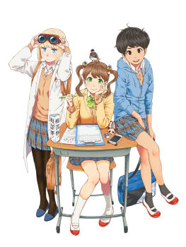 3girls alien animal animal_on_head bird black_hair black_legwear blonde_hair blue_eyes blue_footwear blue_hoodie blue_skirt blunt_bangs breasts briefcase brown_hair cellphone chair checkered_clothes checkered_skirt closed_mouth clothed_animal desk extra_eyes freckles goggles goggles_on_head green_eyes green_ribbon hands_on_headwear head_rest highres holding holding_pen hood hood_down hoodie itsumo_tonari_ni_uchuubito jacket java_sparrow lab_coat long_sleeves looking_at_viewer mary_janes mole mole_under_eye multiple_girls on_head orange_sweater pantyhose parted_lips pen phone plaid_clothes plaid_skirt ribbon school_briefcase school_chair school_desk school_uniform shirt shoes short_hair simple_background sitting skirt smartphone smile socks standing sweater tamaru_tokihiko tomboy twintails uwabaki white_background white_legwear white_shirt yellow_jacket