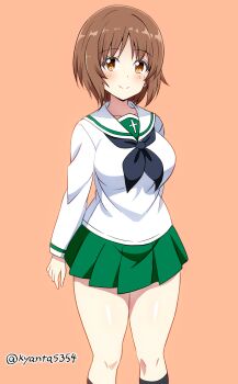Rule 34 | 1girl, black neckerchief, black socks, blush, breasts, brown eyes, brown hair, commentary request, cowboy shot, girls und panzer, green skirt, highres, kyanta5354, large breasts, long sleeves, looking at viewer, miniskirt, neckerchief, nishizumi miho, ooarai school uniform, pink background, pleated skirt, school uniform, serafuku, shirt, short hair, skirt, smile, socks, solo, twitter username, white shirt