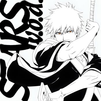 Rule 34 | 1boy, bleach, bleach: sennen kessen-hen, dual wielding, group name, hakama, holding, holding sword, holding weapon, japanese clothes, kurosaki ichigo, looking at viewer, male focus, official art, orange eyes, shihakusho, short hair, simple background, spiked hair, studio pierrot, sword, true zangetsu (shikai), upper body, weapon, wide sleeves, zanpakutou