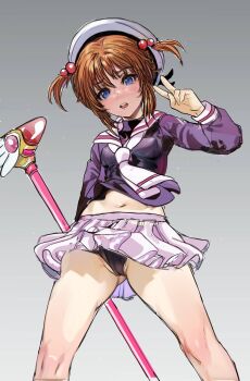 Rule 34 | 1girl, black panties, black serafuku, blue eyes, breasts, cameltoe, cardcaptor sakura, clothes lift, commentary request, confused, cropped legs, feet out of frame, gluteal fold, gradient background, grey background, hair bobbles, hair ornament, hat, highres, huo ji wu, kinomoto sakura, looking at viewer, magical girl, navel, oekaki, open mouth, orange hair, panties, pantyshot, school uniform, serafuku, short hair, short twintails, sketch, skirt, skirt lift, small breasts, solo, staff, standing, tomoeda elementary school uniform, twintails, underwear, upskirt, v, white hat, white skirt