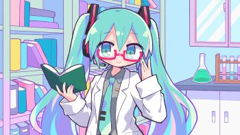 1girl absurdres aqua_eyes aqua_hair aqua_necktie blush book bookshelf closed_mouth coat collared_shirt commentary_request flask glasses grey_shirt hatsune_miku headset highres holding holding_book lab_coat lapels long_hair looking_at_viewer necktie notched_lapels open_clothes open_coat red-framed_eyewear richard_(richaball) semi-rimless_eyewear shirt smile solo tie_clip twintails very_long_hair vial vocaloid white_coat