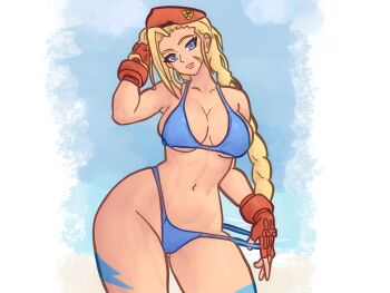 1girl arm_behind_head armpit_peek beret bikini bikini_pull blonde_hair blue_bikini blue_eyes braid breasts cammy_white capcom cleavage clothes_pull curvy fingerless_gloves gloves hat highres large_breasts leg_tattoo legs long_hair looking_at_viewer navel parted_lips pulling_own_clothes scar scar_on_face sideboob solo street_fighter swimsuit tattoo teasing teeth thick_thighs thighs thong_bikini toned twin_braids very_long_hair wide_hips