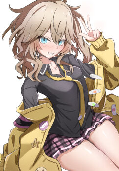 1girl aqua_eyes arm_up black_shirt brown_hair cardigan cardigan_partially_removed collarbone collared_shirt commentary_request cowboy_shot double-parted_bangs grin hair_between_eyes highres isgod kasukabe_tsumugi long_bangs long_sleeves looking_at_viewer loose_necktie miniskirt mole mole_under_eye necktie plaid_clothes plaid_skirt shirt simple_background sitting skirt smile solo voicevox w wavy_hair white_background wing_collar yellow_cardigan yellow_necktie