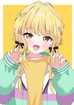 1girl black_ribbon blonde_hair blush border braid claw_pose commentary_request fang fingernails fujita_kotone gakuen_idolmaster hair_ribbon highres hiiragisensei idolmaster jacket long_hair long_sleeves looking_at_viewer multicolored_jacket open_clothes open_jacket outside_border partial_commentary ribbon shirt simple_background skin_fang smile solo twin_braids upper_body white_border yellow_background yellow_eyes yellow_shirt