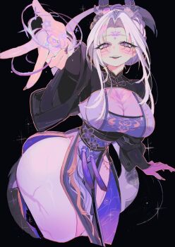 1girl black_background blush breasts cleavage commentary commission cropped_legs curtained_hair curvy english_commentary facial_mark forehead_mark hand_up highres horns japanese_clothes kimono large_breasts long_hair long_sleeves looking_at_viewer magic narrow_waist original parted_lips pelvic_curtain purple_eyes purple_hair purple_kimono see-through_cleavage see-through_clothes simple_background smile solo thick_thighs thighs usa37107692 w wide_sleeves