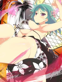 1girl architecture armpits ass bashou_(senran_kagura) bikini bikini_skirt blunt_tresses blush breasts cleavage closed_mouth east_asian_architecture flexing floral_print floral_print_bikini flower front-tie_bikini_top front-tie_top giant_brush gluteal_fold green_hair hair_flower hair_ornament indoors large_breasts long_hair looking_at_viewer micro_bikini motion_lines official_art paint_splatter paintbrush_hair_ornament pink_flower print_bikini purple_eyes senran_kagura senran_kagura_new_wave shiny_skin smile solo string_bikini swimsuit underboob v-shaped_eyebrows white_bikini
