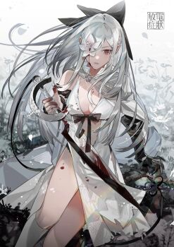1girl absurdres black_bow blood blood_drop blood_on_clothes blood_on_face bloody_weapon bow breasts cape cleavage commentary detached_sleeves drag-on_dragoon drag-on_dragoon_3 dress feet_out_of_frame flower flower_over_eye hair_bow highres holding holding_sword holding_weapon kneehighs large_breasts long_hair looking_at_viewer lunar_tear mechanical_arms one_eye_covered penzai_fengli red_eyes side_cape sidelocks single_bare_shoulder single_mechanical_arm single_sleeve socks solo standing swept_bangs sword very_long_hair weapon white_cape white_dress white_hair white_sleeves white_socks zero_(drag-on_dragoon)