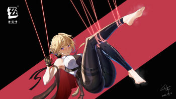 0qianben0 1girl absurdres armpits ass barefoot black_gloves black_ribbon blonde_hair blush braid breasts cameltoe closed_mouth collared_shirt commentary_request copyright_name dated evelyn_chevalier feet full_body gloves high-waist_pants highres large_breasts latex_pants long_legs looking_at_viewer mole mole_under_eye necktie pants purple_eyes ribbon shirt short_hair signature sleeveless sleeveless_shirt smell soles solo steam string sweat tight_clothes tight_pants white_shirt yellow_necktie zenless_zone_zero