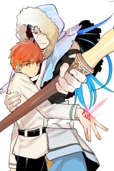 2boys blue_hair cape cosplay cu_chulainn_(caster)_(fate) cu_chulainn_(fate) emiya_shirou fate/grand_order fate/stay_night fate_(series) fujimaru_ritsuka_(male) fujimaru_ritsuka_(male)_(cosplay) highres male_focus multiple_boys orange_hair rui_(o-rui) simple_background staff