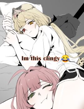 2girls alice_thymefield animal_ears black_shorts blonde_hair chinese_commentary commentary_request crying_emoji dolphin_shorts emoji green_eyes head_between_thighs heterochromia highres hugging_object i&#039;m_this_clingy_(meme) long_hair lying meme multiple_girls pillow pillow_hug pink_hair rabbit_ears rabbit_girl rabbit_tail red_eyes shirt shorts tail ukinami_yuzuha white_shirt yellow_eyes yuri zenless_zone_zero zx277x