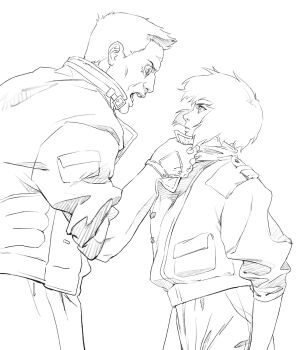 1boy 1girl aizheajsee batou_(gits) black_outline cyborg ghost_in_the_shell greyscale highres jacket kusanagi_motoko looking_at_viewer medium_hair monochrome open_mouth outline white_background