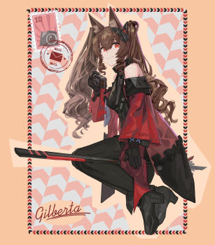 Rule 34 | 1girl, absurdres, angelina (arknights), animal ear fluff, animal ears, arknights, arknights: endfield, arrow background, artist name, bare shoulders, black boots, black dress, black gloves, black thighhighs, boots, border, bracelet, breasts, brown hair, camera, character name, coat, commentary request, dress, drop shadow, elbow gloves, envelope, fold-over boots, fox ears, fox girl, full body, gilberta (arknights), gloves, headpiece, high collar, high heel boots, high heels, highres, holding, holding camera, infection monitor (arknights), ink stamp, jewelry, long hair, long sleeves, looking at viewer, manila envelope, medium breasts, off shoulder, open clothes, open coat, orange border, pink background, postage stamp, red coat, red eyes, sleeveless, sleeveless dress, smile, solo, staff riding, thighhighs, twintails, two-tone dress, white background, zhu xiaobai