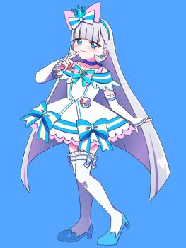1girl animal_ear_hairband animal_ears aqua_bow arm_warmers bare_shoulders blue_background blue_bow blue_choker blue_crown blue_eyes blue_hairband blue_shoes blue_theme blunt_bangs blunt_ends blush bow bow_hairband bright_pupils brooch cat_ear_hairband cat_ears choker closed_mouth collarbone colored_petticoat commentary crown crown_earrings cure_nyammy dress dress_bow earrings fake_animal_ears frilled_arm_warmers frilled_dress frilled_thighhighs frills full_body hairband hand_on_own_chin hand_up heart heart_brooch high_heels highres index_finger_raised jewelry long_hair looking_at_viewer magical_girl medium_dress mini_crown multicolored_bow nekoyashiki_yuki off-shoulder_dress off_shoulder pact_holder petticoat pouch precure shiny_cats_pact shoes simple_background smile solo split_mouth standing straight_hair striped_bow thighhighs tilted_headwear twitter_username very_long_hair white_arm_warmers white_bow white_dress white_hair white_thighhighs wonderful_precure! yellow_pupils yunapi79 zettai_ryouiki