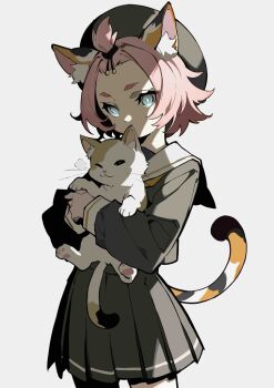 1girl alternate_costume animal animal_ears aqua_eyes bangs_pinned_back black_shirt black_skirt bright_pupils cat cat_ears cat_tail covered_mouth cowboy_shot diona_(genshin_impact) genshin_impact hatsutahaku holding holding_animal holding_cat long_sleeves looking_at_viewer pink_hair pleated_skirt school_uniform shirt short_eyebrows short_hair simple_background skirt solo tail white_background white_pupils