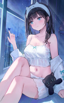 1girl absurdres animal_ear_headband arl arm_at_side arm_support ass black_hair blue_eyes blush bow_camisole breasts camisole closed_mouth commentary crop_top feet_out_of_frame glass_writing hand_up headband highres indoors knees_up large_breasts light_rays long_hair midriff navel night original short_shorts shorts sideways_glance simple_background smile solo spaghetti_strap straight_hair stuffed_animal stuffed_cat stuffed_toy white_camisole white_headband white_shorts window