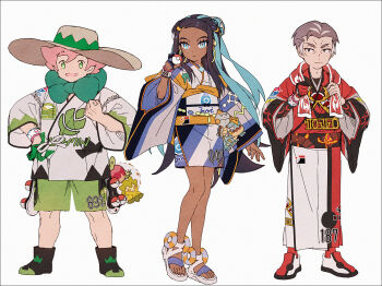 1girl 2boys adapted_costume applin aqua_eyes aqua_hair black_eyes black_hair blue_eyeshadow boots character_print chewtle dark-skinned_female dark_skin drednaw dynamax_band earclip earrings eldegoss eyeshadow freckles gen_8_pokemon gloves green_eyes hakusai_(tiahszld) hand_on_own_hip hat hoop_earrings jewelry kabu_(pokemon) long_hair makeup milo_(pokemon) multicolored_hair multiple_boys nessa_(pokemon) nintendo pink_hair poke_ball poke_ball_(basic) pokemon pokemon_swsh sandals shoes shorts single_glove standing sun_hat towel towel_around_neck two-tone_hair white_footwear