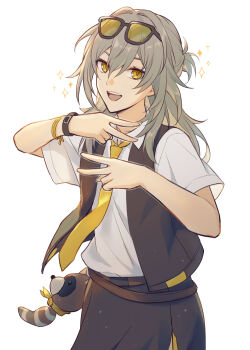 1girl belt black-framed_eyewear black_skirt black_vest blonde_hair brown_belt charm_(object) collared_shirt colored_inner_hair commentary_request cowboy_shot eyewear_on_head fingernails grey_hair hair_between_eyes hair_bun hands_up honkai:_star_rail honkai_(series) long_hair looking_at_viewer multicolored_hair necktie official_alternate_costume official_alternate_hairstyle open_clothes open_mouth open_vest rune_(rne_at) shirt short_sleeves sidelocks simple_background skirt smile solo sparkle standing stelle_(chimerric_park)_(honkai:_star_rail) stelle_(honkai:_star_rail) sunglasses teeth tinted_eyewear trailblazer_(honkai:_star_rail) vest white_background white_shirt wristband yellow-tinted_eyewear yellow_eyes yellow_necktie