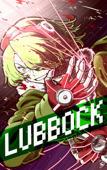 10s 1boy akame_ga_kill! blood character_name coat gloves goggles goggles_on_head green_eyes green_hair grin hair_between_eyes hair_over_one_eye highres hood jacket long_sleeves lubbock male_focus short_hair smile solo strings teeth upper_body wite