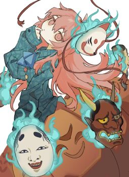 1girl ascot aura blue_ascot closed_mouth collared_shirt expressionless feet_out_of_frame finger_to_mouth fox_mask green_shirt hair_between_eyes hata_no_kokoro highres long_hair long_sleeves looking_at_viewer looking_up mask noh_mask oni_mask orange_skirt pink_eyes pink_hair plaid_clothes plaid_shirt shirt shiye_hong skirt skirt_cutout solo touhou
