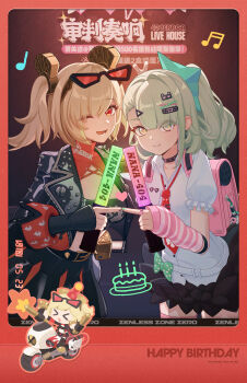 >_< 2girls absurdres arm_warmers backpack bag bandaid bandaid_hair_ornament birthday birthday_cake black-framed_eyewear black_choker black_jacket black_tube_top blonde_hair blush breasts burnice_white cake chibi chinese_commentary choker cleavage closed_mouth crop_top cropped_jacket earrings english_text eyewear_on_head food gloves glowstick green_hair hair_ornament hairclip hairpin happy_birthday highres holding holding_glowstick jacket jewelry large_breasts leg_warmers long_hair looking_at_viewer midriff motor_vehicle motorcycle multiple_girls multiple_hairclips musical_note_earrings nail_polish necktie official_art on_motorcycle one_eye_closed open_mouth pink_arm_warmers pink_bag pink_nails red-tinted_eyewear red_eyes red_necktie riding riding_motorcycle shirt short_sleeves short_twintails skirt small_breasts smile solo spiked_belt strapless striped_arm_warmers sunglasses sunna_(zenless_zone_zero) tinted_eyewear tube_top twintails white_background white_shirt white_wings winged_bag wings zenless_zone_zero