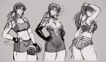 1girl artist_name ass black_lagoon breasts choker cigarette commentary cowboy_shot denim denim_shorts dress dumbbell elbow_gloves english_commentary fingerless_gloves gloves grey_background hand_on_own_hip hands_on_own_hips highres holding holding_dumbbell iahfy medium_breasts monochrome multiple_views navel patreon_username ponytail revy_(black_lagoon) short_shorts shorts shoulder_tattoo simple_background sketch smoking tattoo twitter_username watermark