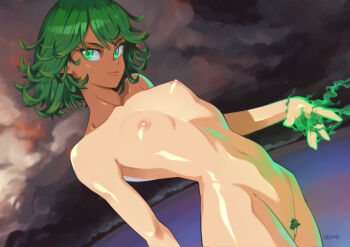 1girl arched_back arm_at_side artist_name bob_cut breasts casting_spell closed_mouth cloud cloudy_sky collarbone colored_pubic_hair commentary completely_nude cowboy_shot dutch_angle english_commentary female_pubic_hair fisheye flipped_hair gradient_sky green_aura green_eyes green_hair green_pubic_hair grey_sky hand_up horizon light_blush lips looking_at_viewer messy_hair navel nipples nude one-punch_man outdoors petite pink_lips pubic_hair pussy red_sky short_hair signature sky small_breasts solo standing storm_cloud tatsumaki toned toned_female urumi_(urumi00) v-shaped_eyebrows