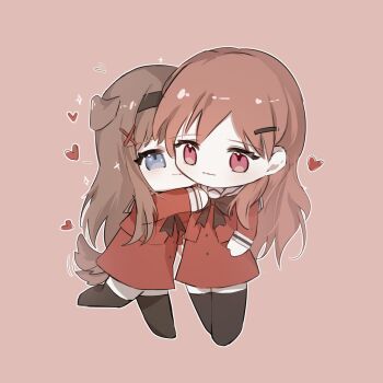 2girls animal_ears black_ribbon black_thighhighs blue_eyes brown_hair chibi chinese_commentary closed_mouth commentary_request dog_ears dog_girl dog_tail full_body hair_down hair_ornament hairband hairclip heart highres hug kitajima_kaede kitajima_sara kurohaakane07 long_hair long_sleeves multiple_girls pink_background pink_eyes pink_hair ribbon sailor_collar school_uniform simple_background sono_hanabira_ni_kuchizuke_wo standing standing_on_one_leg tail tail_wagging thighhighs yuri