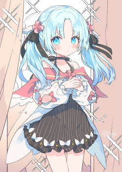 1girl bare_shoulders black_choker black_ribbon black_skirt blue_eyes blue_hair blush bow choker collarbone commentary_request cowboy_shot hair_ribbon highres kamiyoshi_rika long_hair long_sleeves looking_at_viewer off-shoulder_shirt off_shoulder original parted_bangs parted_lips ribbon shirt signature skirt solo sparkle striped_choker striped_clothes striped_skirt twintails white_bow white_shirt
