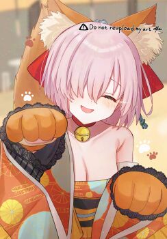 Rule 34 | 1girl, absurdres, animal ears, animal hands, bare shoulders, bell, breasts, cleavage, closed eyes, collar, detached sleeves, fate/extra, fate/grand order, fate/grand order waltz in the moonlight/lostroom, fate (series), fox ears, fox tail, gloves, hair over one eye, harukappa, highres, japanese clothes, kimono, large breasts, long hair, mash kyrielight, mash kyrielight (neko neko japanesque), neck bell, one eye covered, open mouth, orange kimono, paw gloves, paw pose, pink hair, red collar, red kimono, smile, straight hair, tail, wide sleeves