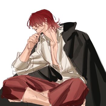 Rule 34 | 1boy, beard, black cape, cape, collared shirt, crema 525, facial hair, high collar, highres, indian style, leg hair, male focus, one piece, pants, red pants, shanks (one piece), shirt, short hair, simple background, sitting, solo, white background, white shirt